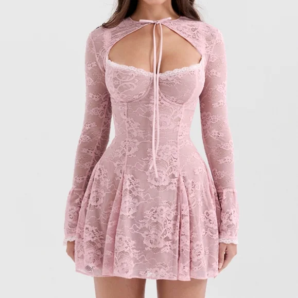 HOUSE OF CB Alice perfectly pink lace mini dress - Picture 1 of 11